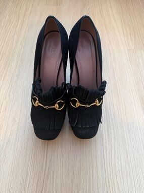 Gucci Black Suede Heeled Loafers with Gold Horsebit